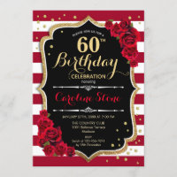 60th Birthday - Red Gold Black White Stripes Roses