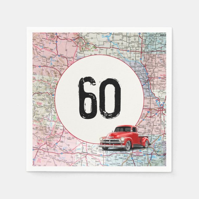 60th Birthday Red Retro Truck on Road Map   Napkin (Front)