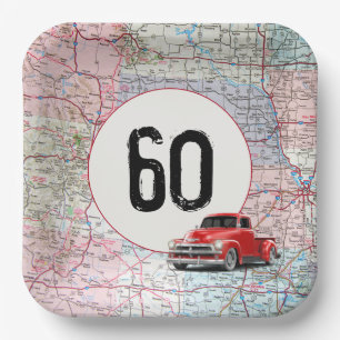 60th Birthday Red Retro Truck on Road Map Paper Plate