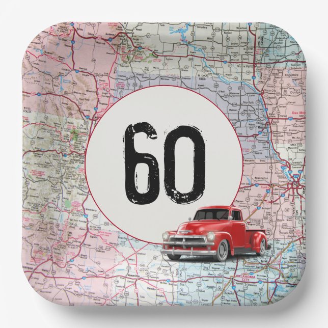 60th Birthday Red Retro Truck on Road Map Paper Plate (Front)
