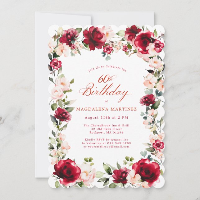 60th Birthday Red Rose Pink Peony Floral Invitation (Front)