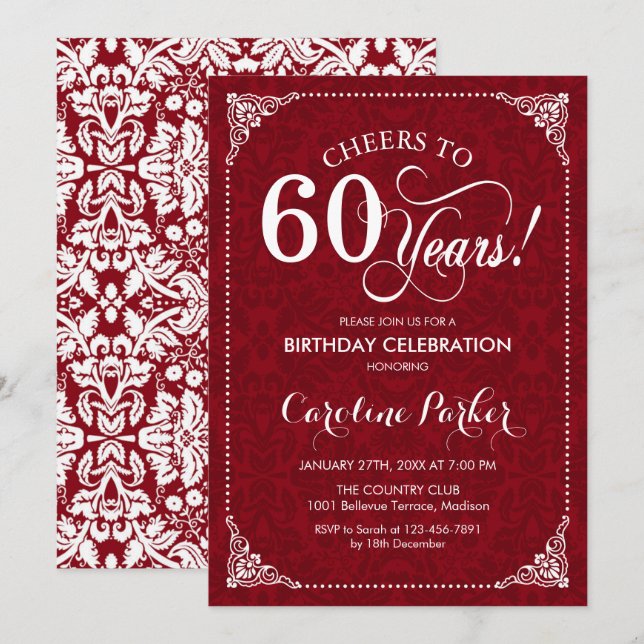 60th Birthday - Red White Damask Invitation (Front/Back)