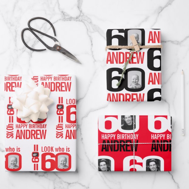 60th birthday red white look 60 custom photo name wrapping paper sheet (Front)