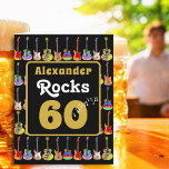60th birthday Retro Groovy Guitar Personalised Card<br><div class="desc">Create the ultimate throwback celebration with this personalised black and gold rock and roll 60th birthday guitar greetings card, featuring bold modern gold typography customised with the your name “Alexander Rocks 60.” Designed with groovy hippie typography and a vibrant retro 60s–70s vibe, this card brings instant rockstar flair to any...</div>