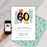 60th Birthday Retro Midcentury Modern Colourful Invitation<br><div class="desc">Step back in time with this 60th birthday invitation, channeling midcentury modern vibes. The aqua, coral, and yellow backdrop sets the stage for a retro celebration. Stand out with a sleek '60' design that is perfect for a sixtieth milestone celebration, suitable for both him and her. Mark the big 6-0...</div>