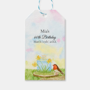 60th Birthday Robin with Daffodil Cake Gift Tags
