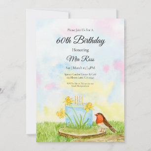 60th Birthday Robin with Daffodil Cake Invitation