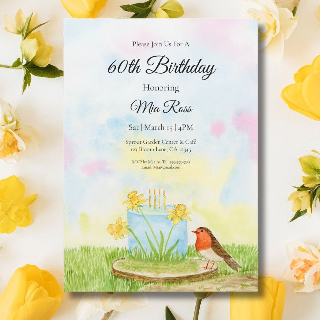 60th Birthday Robin with Daffodil Cake Invitation (Creator Uploaded)