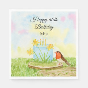 60th Birthday Robin with Daffodil Cake Napkin