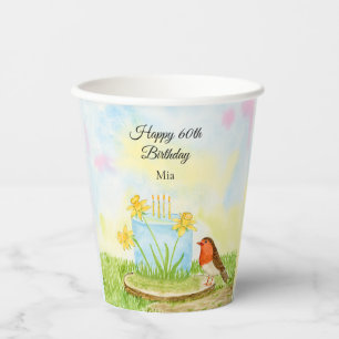 60th Birthday Robin with Daffodil Cake Paper Cups
