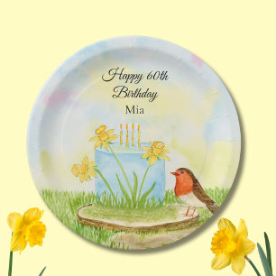60th Birthday Robin with Daffodil Cake Paper Plate