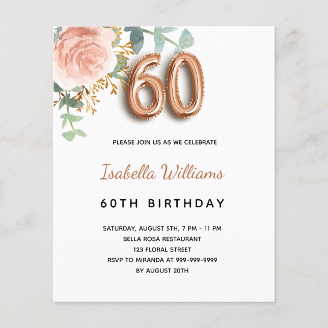 60th birthday rose eucalyptus budget invitation flyer (Front)
