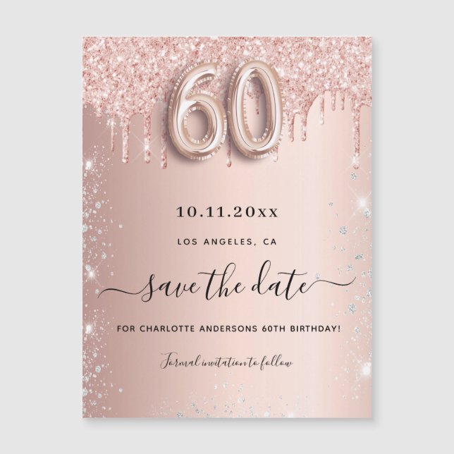 60th birthday rose glitter save the date magnet (Front)