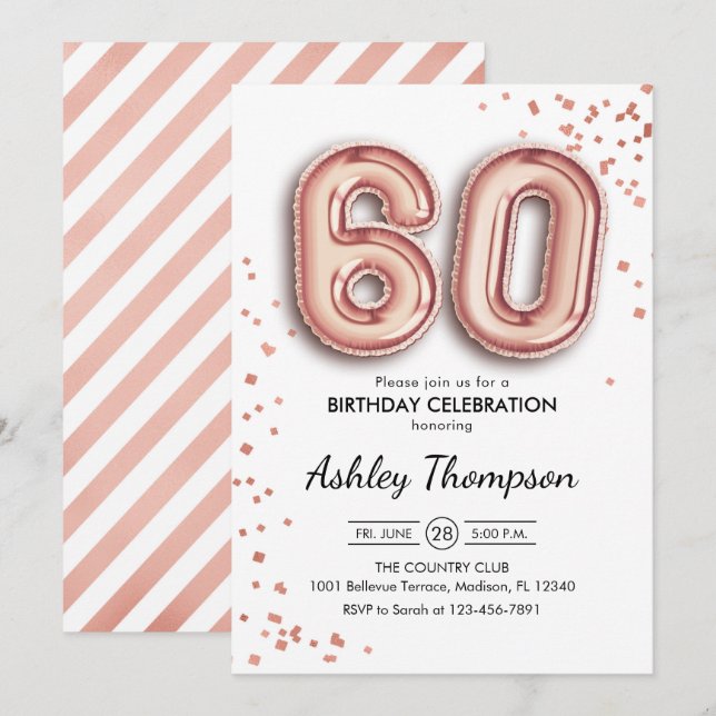 60th Birthday - Rose Gold Balloons Invitation (Front/Back)