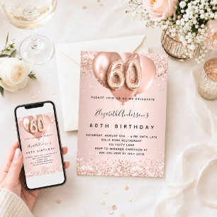 60th birthday rose gold balloons invitation