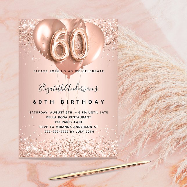 60th birthday rose gold balloons luxury invitation (Creator Uploaded)