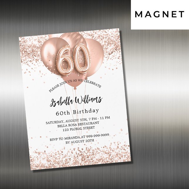 60th birthday rose gold balloons white luxury magnetic invitation (Creator Uploaded)