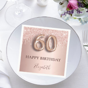 60th birthday rose gold blush glitter drips name napkin