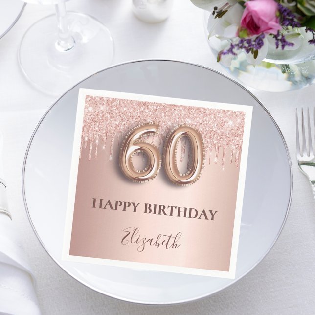 60th birthday rose gold blush glitter drips name napkin (Creator Uploaded)