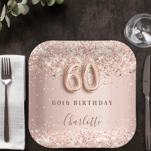 60th birthday rose gold blush glitter name paper plate