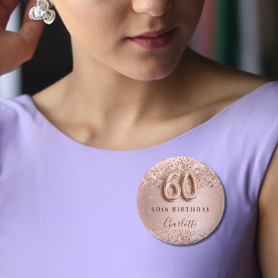 60th birthday rose gold blush glitter name tag 3 cm round badge