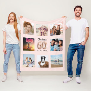 60th birthday rose gold blush photo collage name fleece blanket