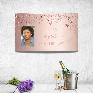 60th birthday rose gold blush stars photo banner