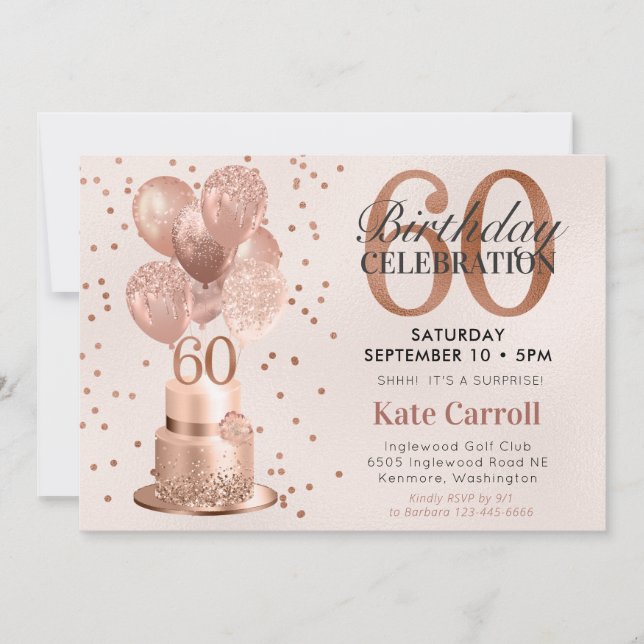 60th Birthday Rose Gold Cake Surprise Party Invitation (Front)