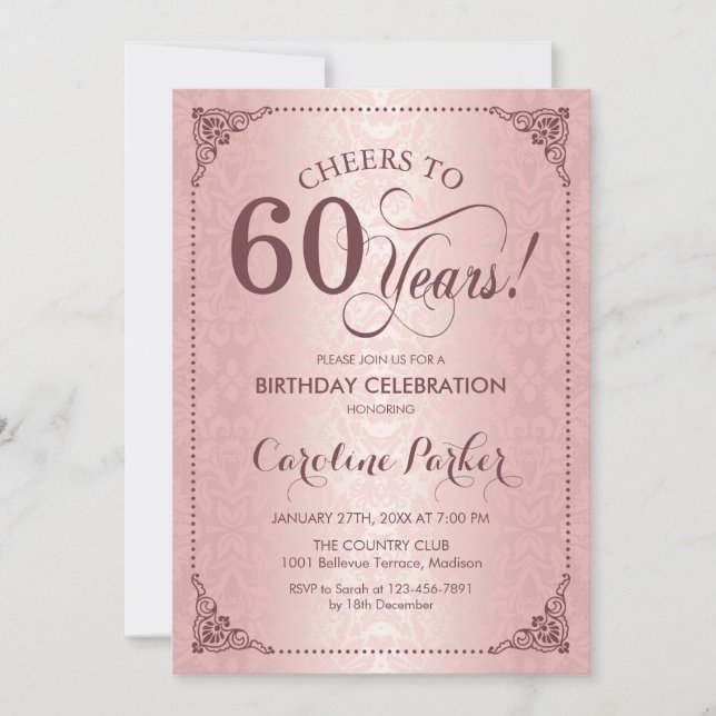 60th Birthday - Rose Gold Damask Invitation (Front)