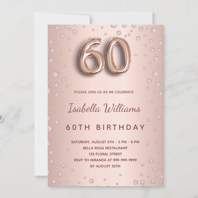 60th birthday rose gold diamonds invitation (Front)