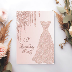 60th birthday rose gold dress glitter drip invitation