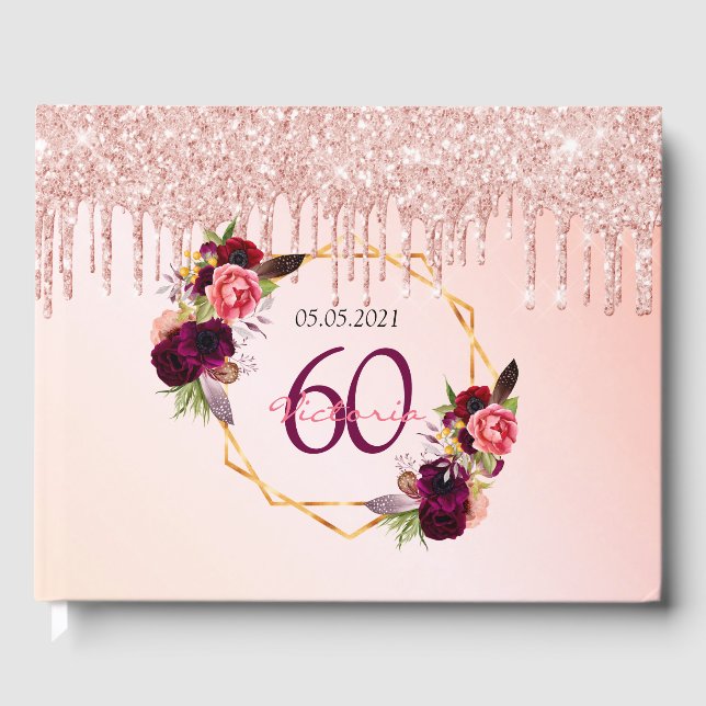 60th birthday rose gold florals geometric guest book (Front)