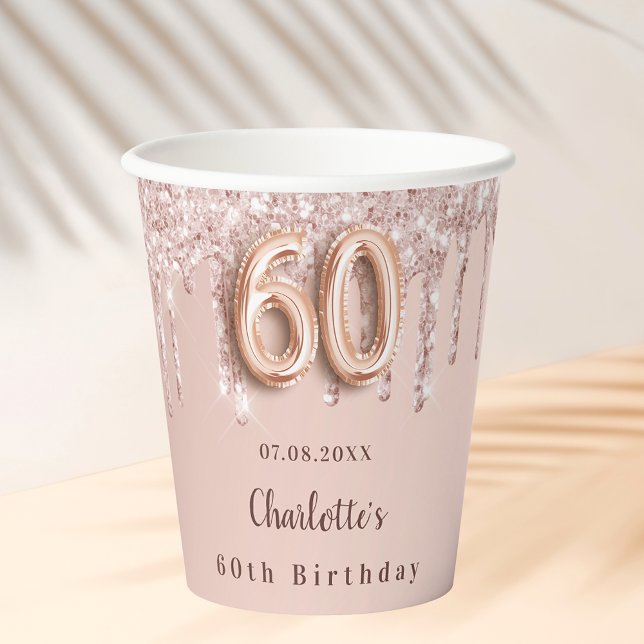 60th birthday rose gold glitter drips monogram paper cups (Creator Uploaded)