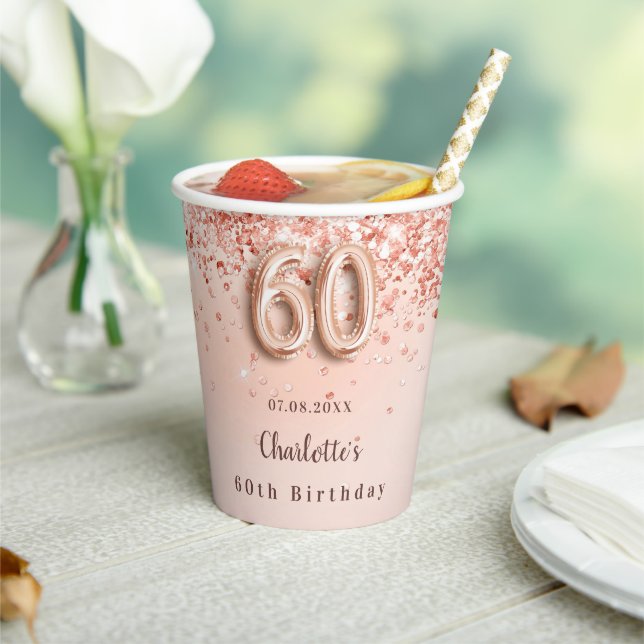 60th birthday rose gold glitter monogram name paper cups (Insitu)