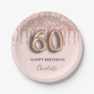 60th birthday rose gold glitter pink balloon style paper plate
