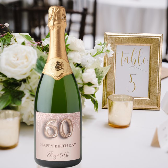 60th birthday rose gold glitter pink balloon style sparkling wine label (Creator Uploaded)