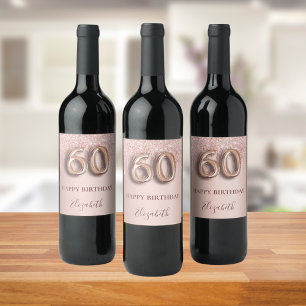 60th birthday rose gold glitter pink balloon style wine label