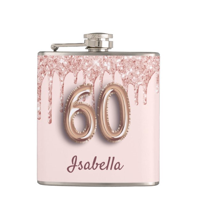 60th birthday rose gold glitter pink friends hip flask (Front)