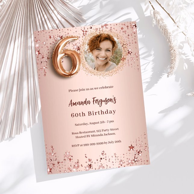 60th Birthday rose gold photo stars luxury Invitation (Creator Uploaded)