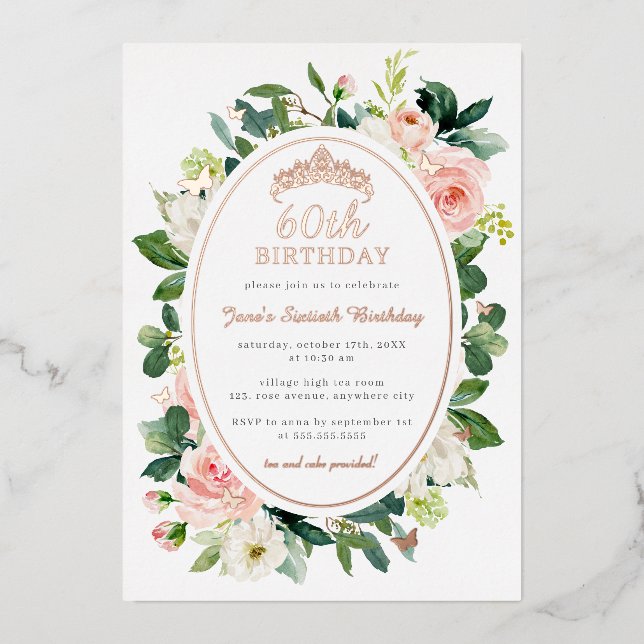 60th Birthday Rose Gold Pink Butterfly Floral  (Front)