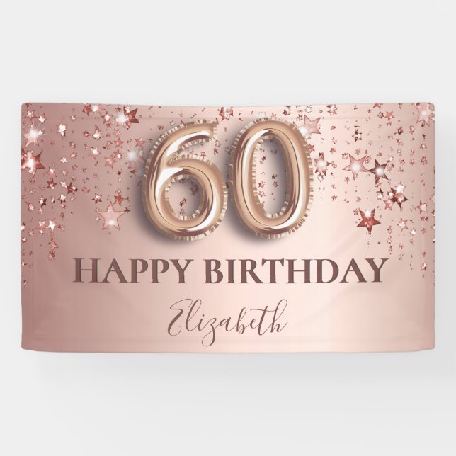 60th birthday rose gold pink stars balloon script banner (Horizontal)