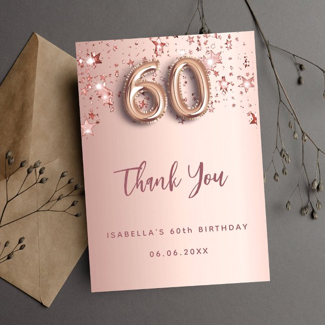60th birthday rose gold pink stars thank you card (Creator Uploaded)