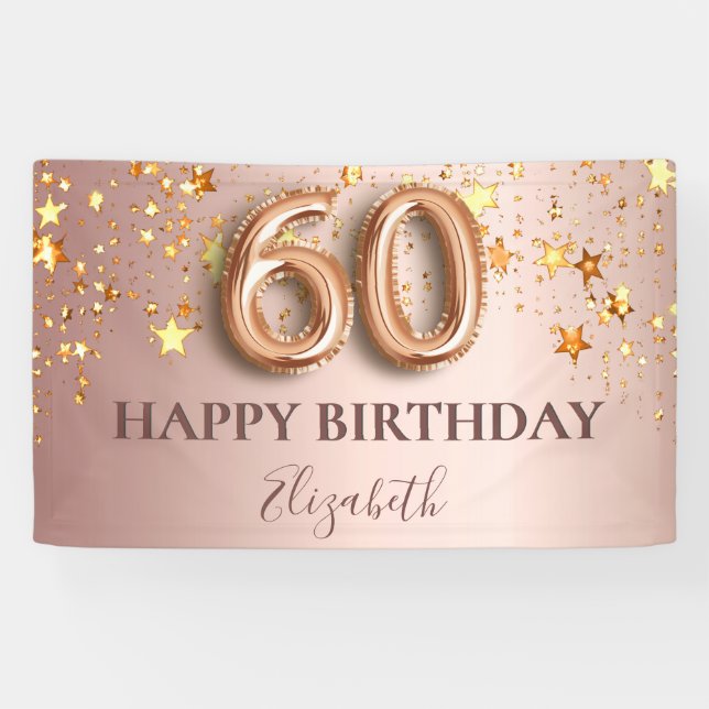 60th birthday rose gold stars pink balloon script banner (Horizontal)