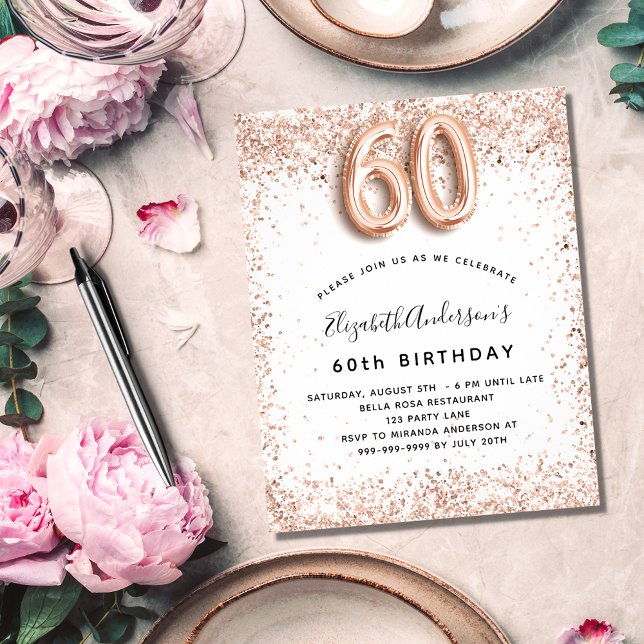 60th birthday rose gold white budget invitation flyer (Creator Uploaded)
