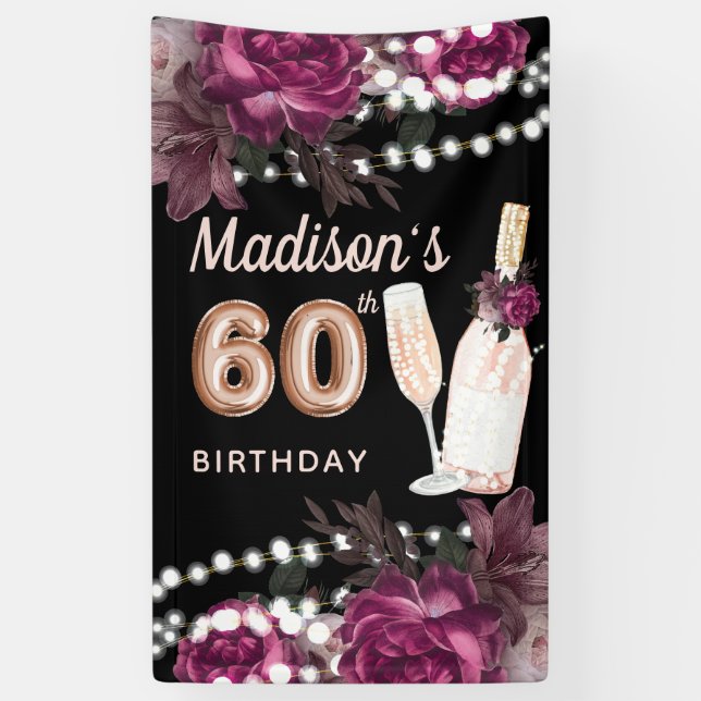 60th Birthday Rose Wine Luxury Banner (Vertical)