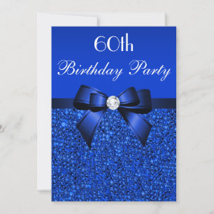 60th Birthday Royal Blue Sequins Bow and Diamond Invitation