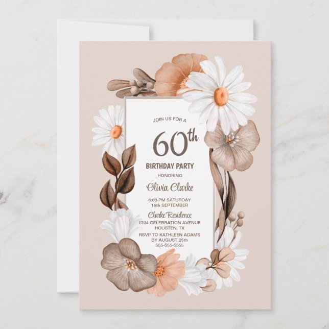 60th Birthday Rustic Boho Floral Party Invitation (Front)