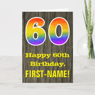 60th Birthday: Rustic Faux Wood Look, Rainbow "60" Card