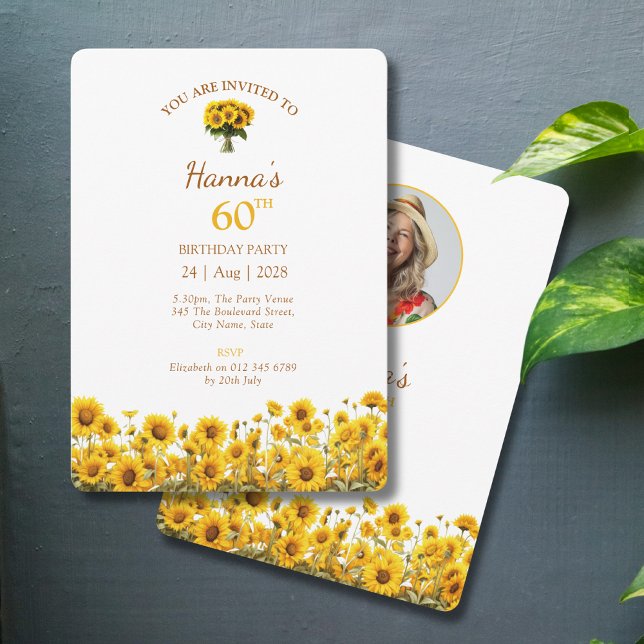 60th Birthday Rustic Sunflower Floral Photo Invitation (Sunflower 60th birthday party invitations on a grey background)