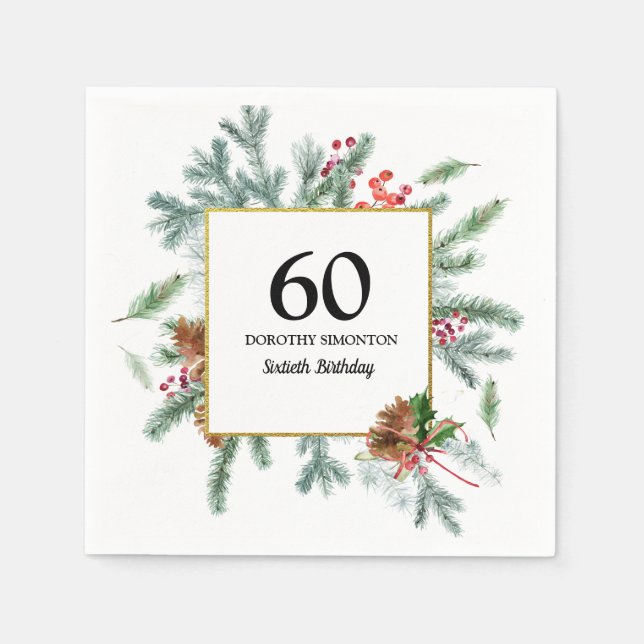 60th Birthday Rustic Winter Greenery Red Bow Napkin (Front)